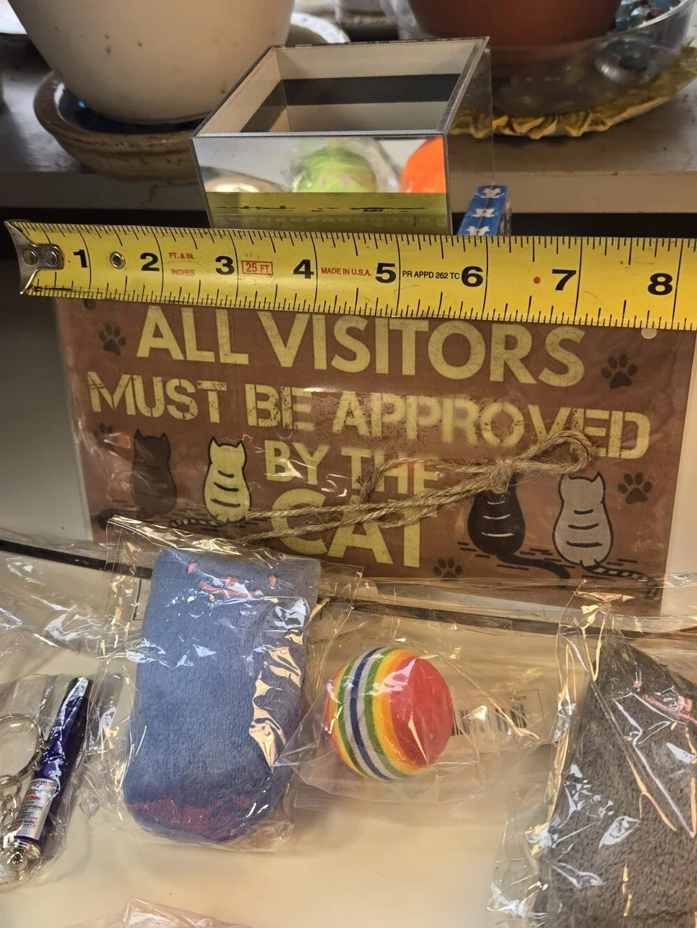 'All Visitors Must Be Approved By the Cat' Sign and Cat Toy Bundle